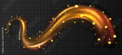Abstract golden light trail with shine and crown signs. Gold glow motion effect, shiny flare wave with sparkles and flying royal symbols, vector realistic illustration