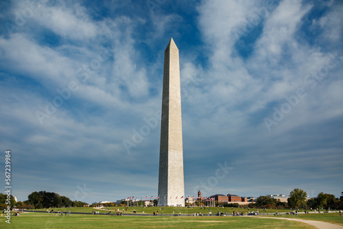 The Washington Monument, a memorial to first US President and Founding Father George Washington, located on the National Mall in Washington, DC
