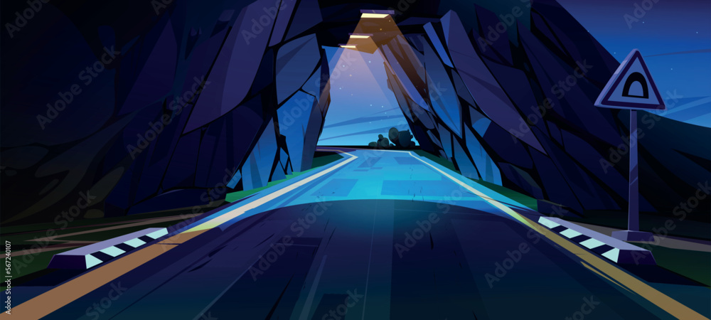 Car road tunnel, underground highway in mountain at night. Country ...
