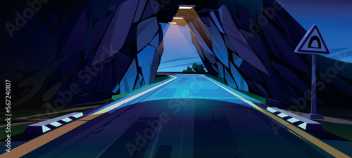 Car road tunnel, underground highway in mountain at night. Country landscape with asphalt way, caution sign of tunnel entrance in rock cave with lamps, vector cartoon illustration