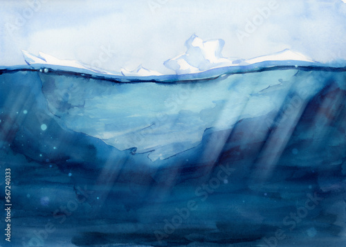 Iceberg in the ocean with a view underwater. Drifting ice in the ocean, the concept of hidden danger. Watercolor illustration. Arctic landscape. A clipart for covering global warming.