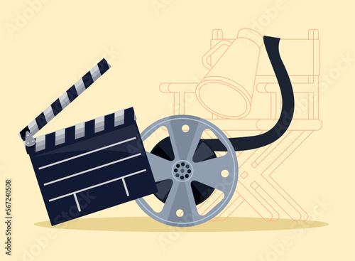 movie clapperboard with reel