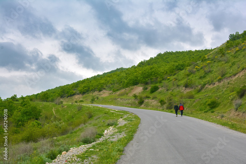 Two travelers walk along an asphalt road in the green mountains