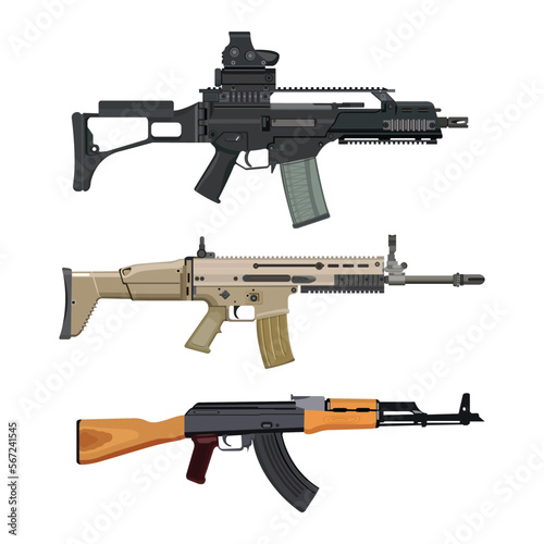 Vector illustration sets of weapons guns. Military weapons, set gun pistols, automatic firearm, sniper guns. Army or soldiers weapon elements.