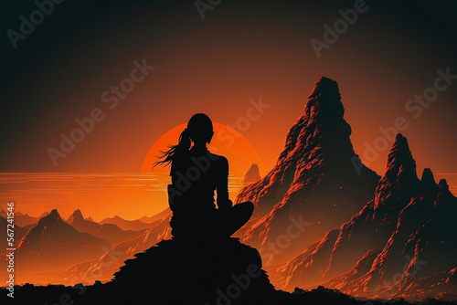 silhouette of a woman meditating on a mountain sunset illustration generative ai