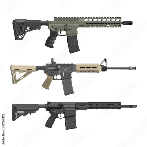 Vector illustration sets of weapons guns. Military weapons, set gun pistols, automatic firearm, sniper guns. Army or soldiers weapon elements.