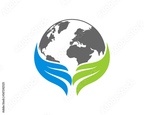 World map with blue and green wings protecting