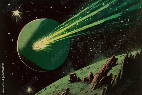 Vintage lithograph, green comet passes by a planet in space - Generative AI photo