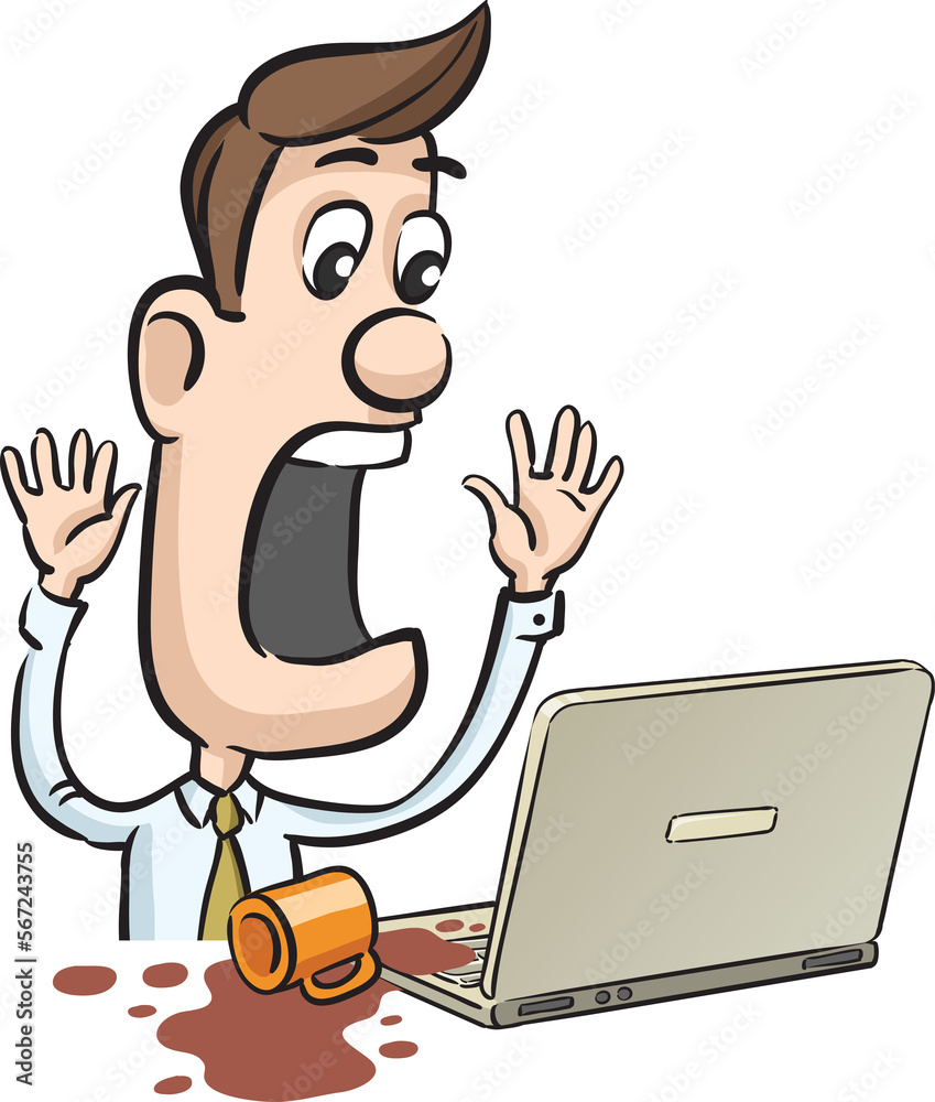 frustrated businessman pouring cup of coffee on laptop computer - PNG image with transparent background frustrated businessman pouring cup of coffee on laptop computer - PNG image with transparent background