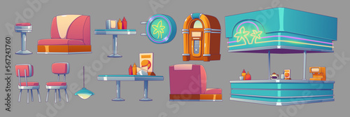 Set of furniture for American retro 50s diner interior design. Vector contemporary illustration of vintage red couches, chairs, tables, jukebox and coffee machine. Old style fast food cafe elements