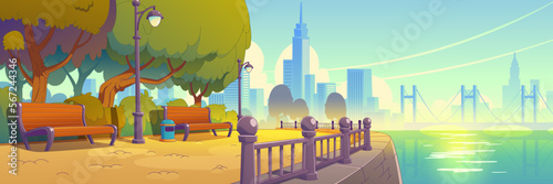 Summer cityscape with benches in park on river bank. Vector contemporary illustration of modern riverside city landscape with urban skyscrapers and bridge background, sunrise over empty public garden