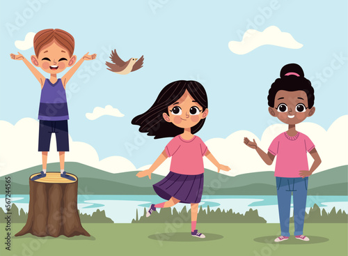 three little kids in landscape