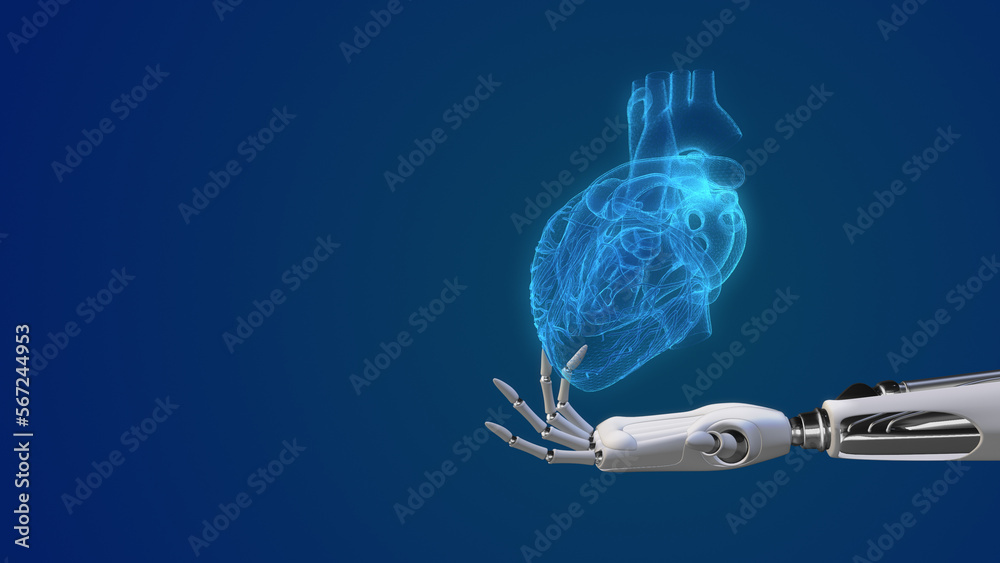 A robotic hand is holding human heart
A robotic hand is holding human heart
