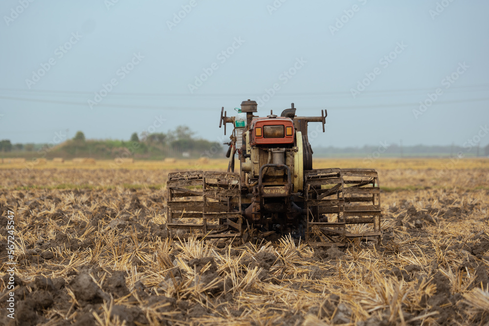 Fototapeta premium Village agriculture land preparation for cultivation by walking tractor tiller