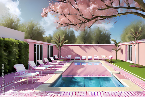 Una linda ilustración de una piscina y camastros en tonos rosados, generados por inteligencia artificial photo