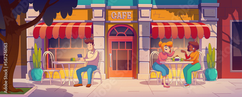Happy people sitting in outdoor cafe. Vector contemporary illustration of male and female characters chatting, scrolling smartphone at coffee shop tables in city street in tree shadow. Urban lifestyle