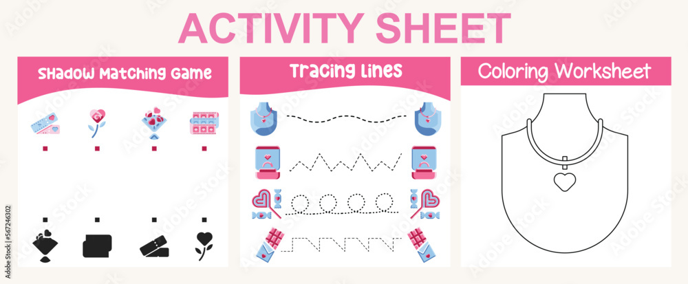 3 in 1 Activity kit Valentine’s edition for preschool and kindergarten kids. Educational printable worksheet. Colouring page, matching shadows, tracing lines fun activity worksheet. Vector file. 3 in 1 Activity kit Valentine’s edition for preschool and kindergarten kids. Educational printable worksheet. Colouring page, matching shadows, tracing lines fun activity worksheet. Vector file.