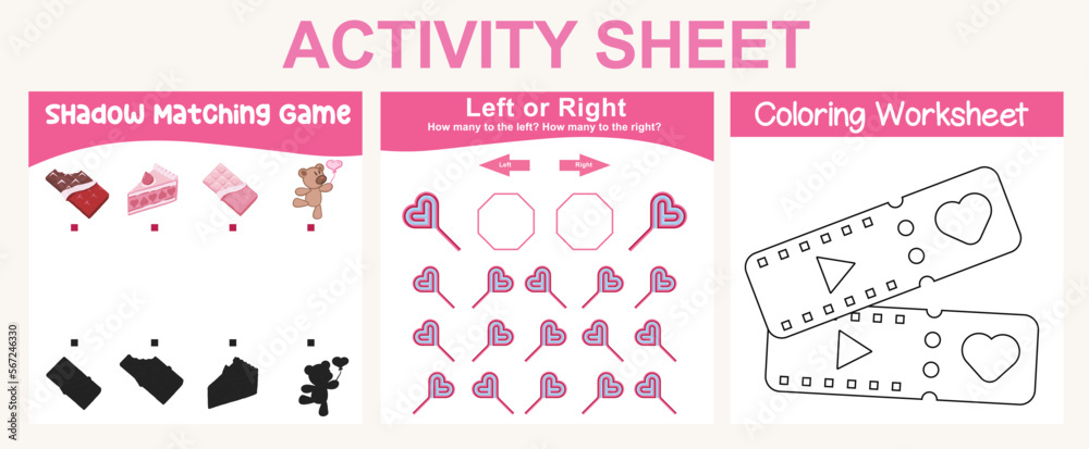 3 in 1 Activity kit Valentine’s edition for preschool and kindergarten kids. Educational printable worksheet. Colouring page, matching shadows, how many are left or right fun activity worksheet. 