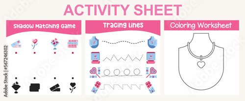 3 in 1 Activity kit Valentine   s edition for preschool and kindergarten kids. Educational printable worksheet. Colouring page  matching shadows  tracing lines fun activity worksheet. Vector file.