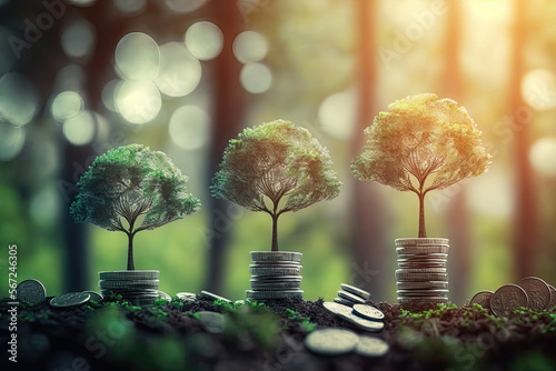 Plants grow on stacked coins. Renewable energy production. Green businesses. AI-generated