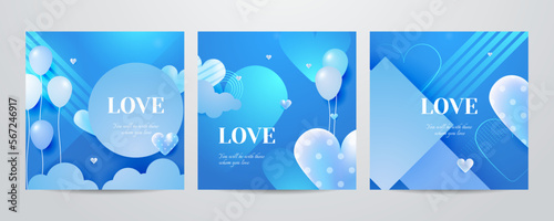 Set of universal love blue greeting card design template background. Realistic love heart square poster template. Vector illustration