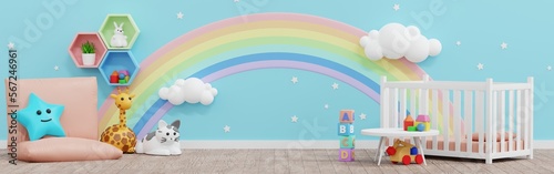 Baby kid room wall decoration, doll and toy, nursery children room, Template Horizontal Banner header for Website, 3D rendering.