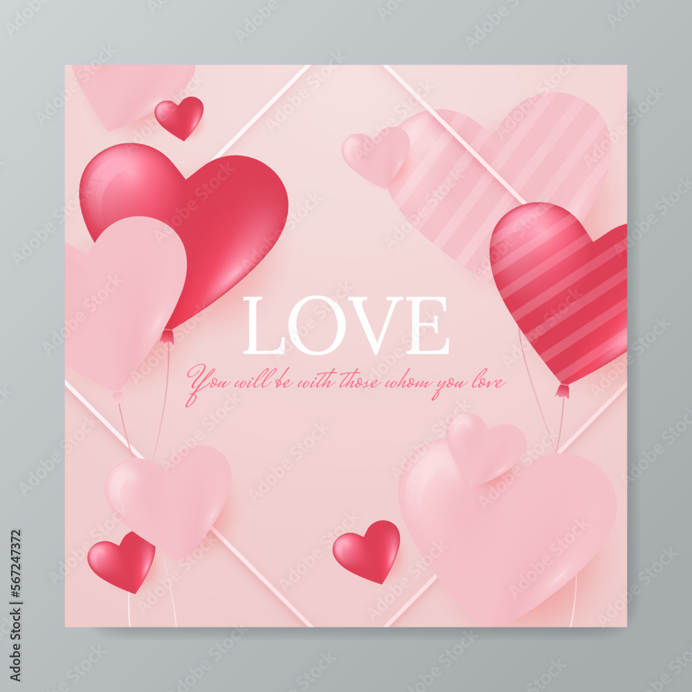 Cute love message with heart shape balloons around. 3d scene design. Suitable for Valentine's Day and Mother's Day.