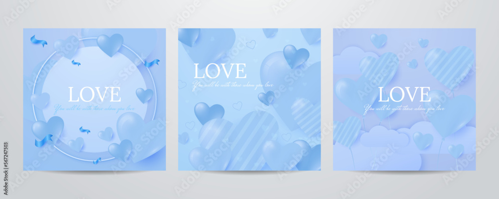 Valentine day square poster set. Vector illustration. Paper hearts, clouds, flying hot air balloon, blue romantic background. Cute love sale banner, voucher template, greeting card. Place for text.