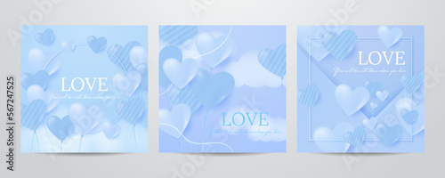 Valentine day square poster set. Vector illustration. Paper hearts  clouds  flying hot air balloon  blue romantic background. Cute love sale banner  voucher template  greeting card. Place for text.