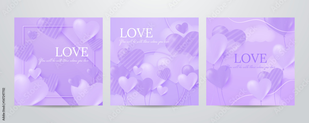 Fototapeta premium Set of valentine day background with various purple violet hearts love balloon. Flat lay style greeting composition.