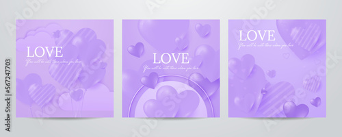 Set of valentine day background with various purple violet hearts love balloon. Flat lay style greeting composition.