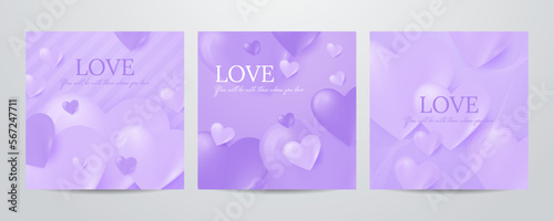 Set of valentine day background with various purple violet hearts love balloon. Flat lay style greeting composition.