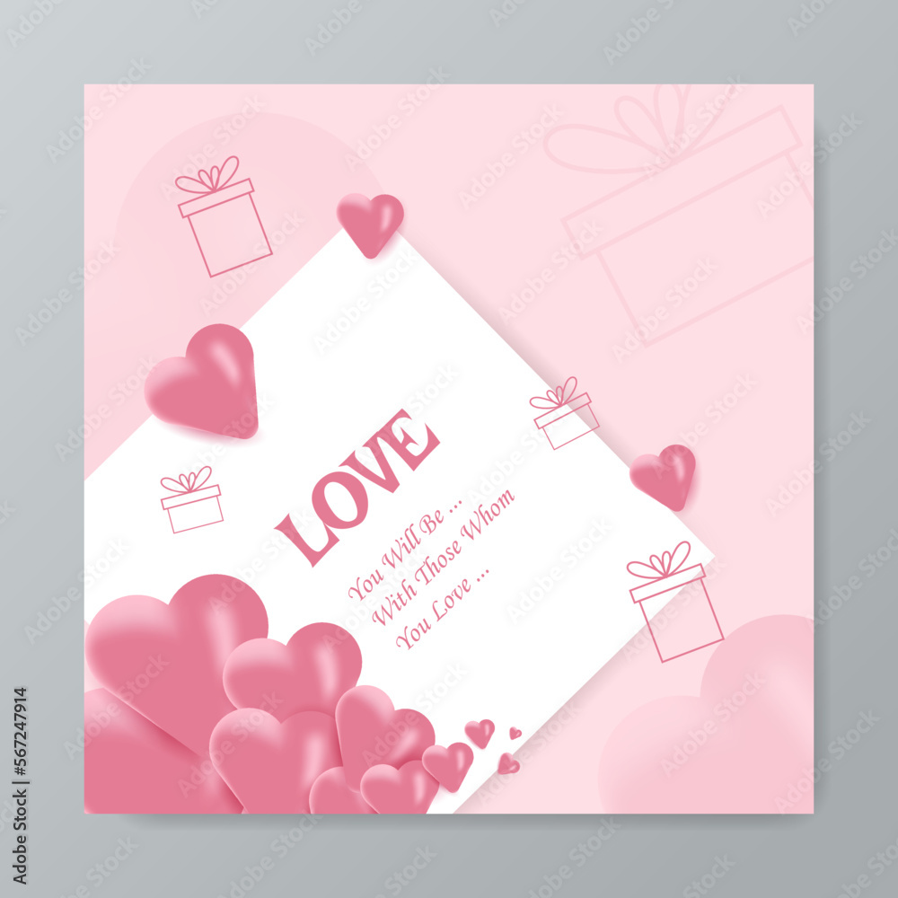 Happy Valentine's Day square poster or banner with cute sky, sweet hearts and gift box on red background. Promotion and shopping template or background for Love and Valentine's day greeting card Happy Valentine's Day square poster or banner with cute sky, sweet hearts and gift box on red background. Promotion and shopping template or background for Love and Valentine's day greeting card