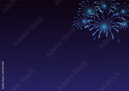 Blue fireworks with holiday celebration symbols on the right of the blue and black color background, empty space for display logo and content, creative design vector illustration.