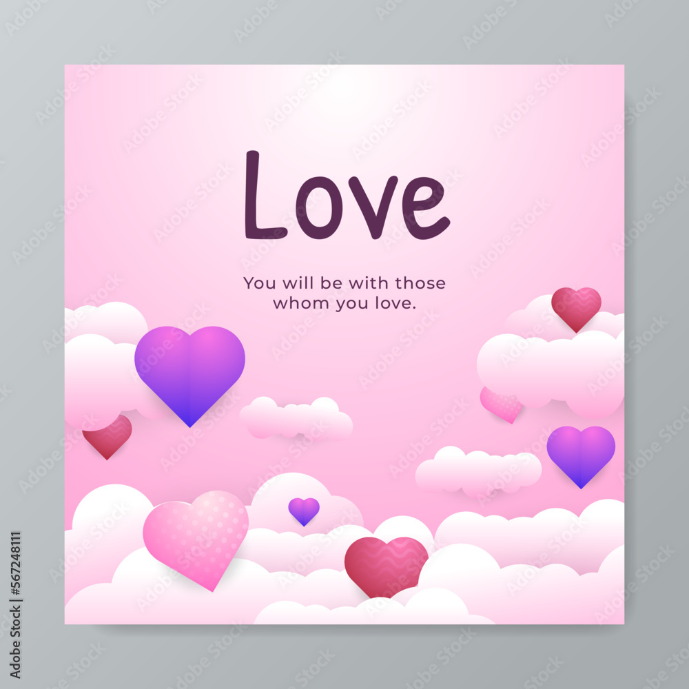 Illustration of love and valentine day with heart balloon, gift and clouds. Paper cut style. Vector illustration in square background template