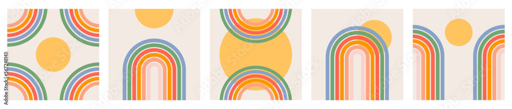 Obraz Trendy abstract set aesthetic backgrounds with sun and rainbow. Mid century wall decor in style 60s, 70s. Retro vector design for social media, blog post, template, interior design fototapeta, plakat