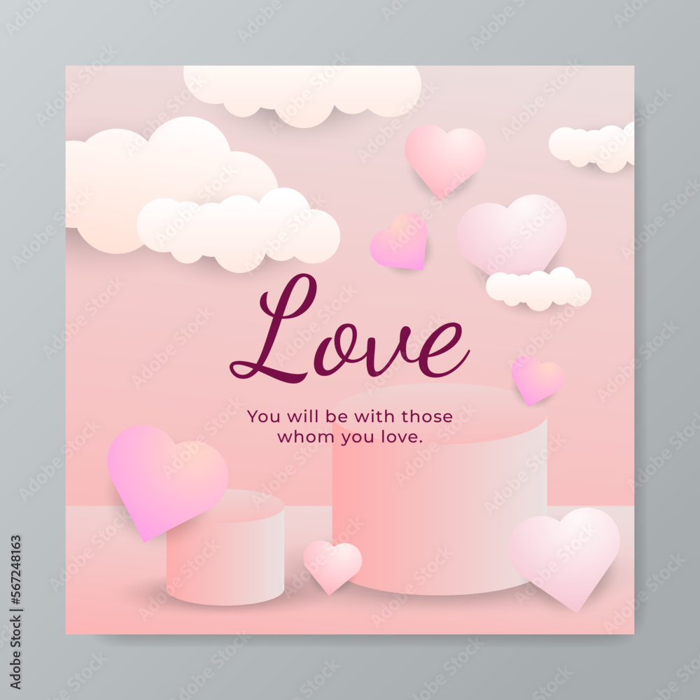 Happy Valentine's day square poster on red gradient background. Vector illustration. Romantic quote postcard, card, invitation, banner template.