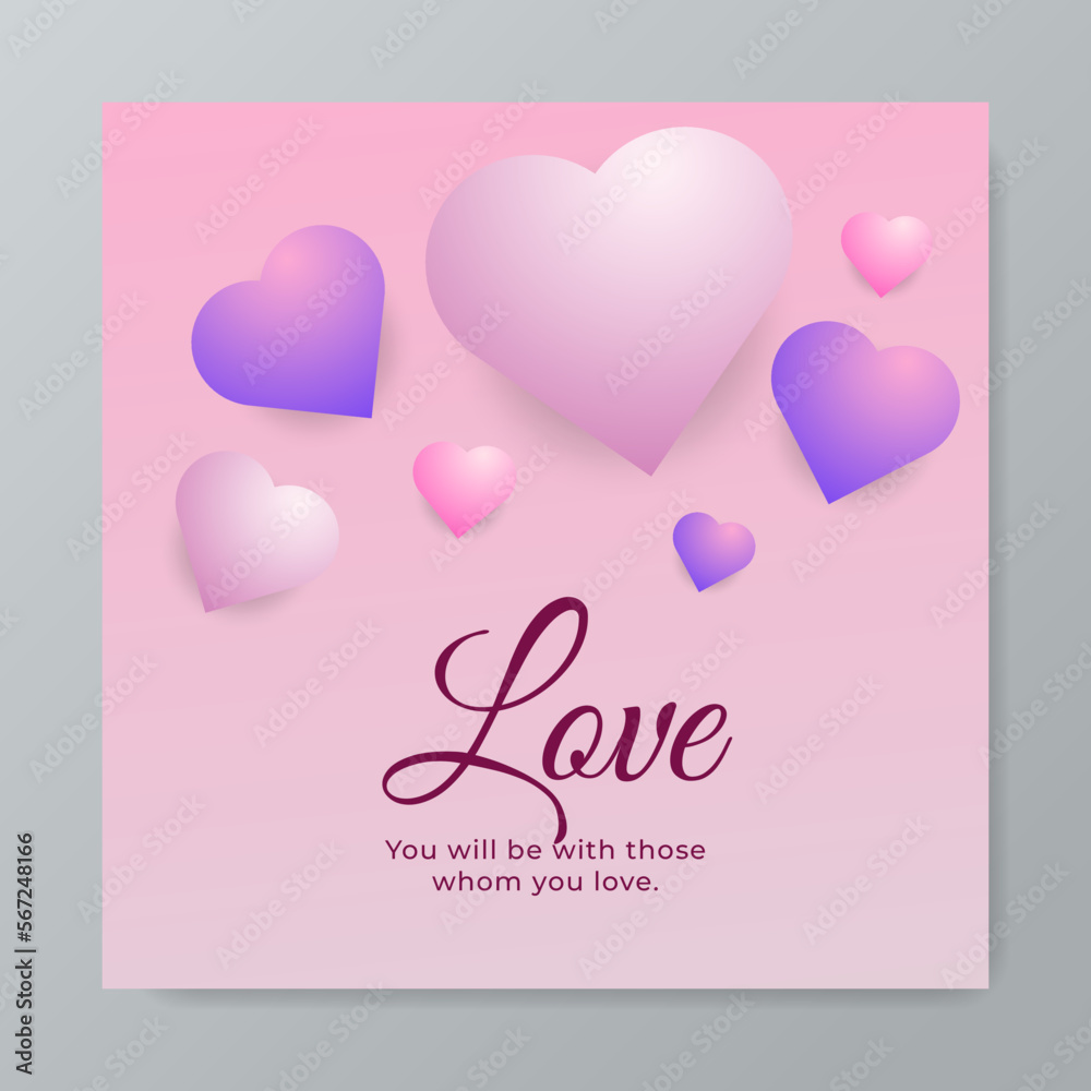 Happy Valentines Day square poster with love heart shapes balloon isolated on pink background. Vector Illustration