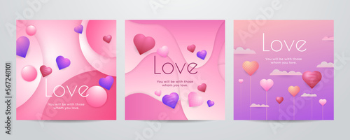 Paper art Valentine's day concept square banner with paper cut ribbon, sky, confetti, and a lot of hearts on a red background with space for text.