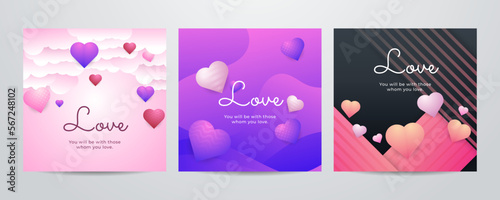 Paper art Valentine's day concept square banner with paper cut ribbon, sky, confetti, and a lot of hearts on a red background with space for text.