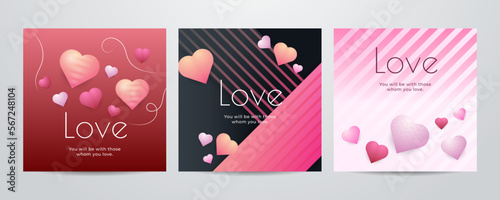 Paper art Valentine's day concept square banner with paper cut ribbon, sky, confetti, and a lot of hearts on a red background with space for text.