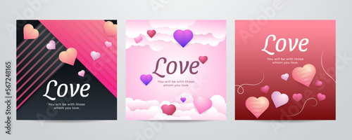 Paper art Valentine's day concept square banner with paper cut ribbon, sky, confetti, and a lot of hearts on a red background with space for text.