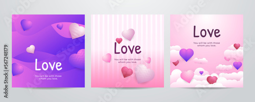 Paper art Valentine's day concept square banner with paper cut ribbon, sky, confetti, and a lot of hearts on a red background with space for text.