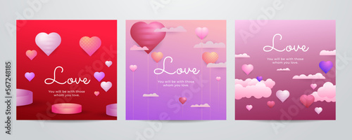 Paper art Valentine's day concept square banner with paper cut ribbon, sky, confetti, and a lot of hearts on a red background with space for text.
