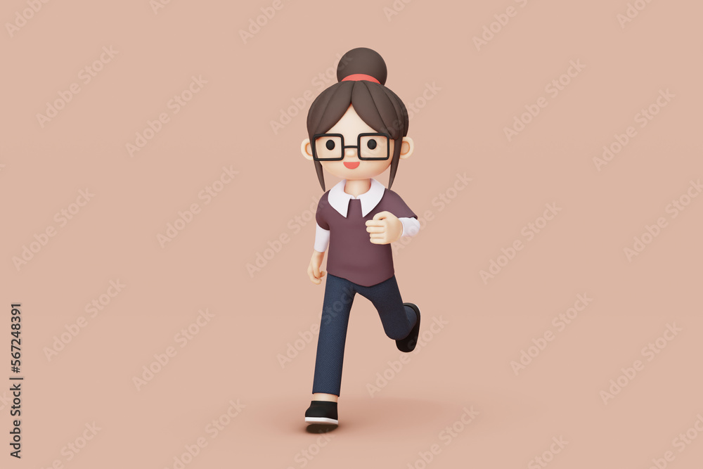 girl with glasses running 3d render, 3d illustration