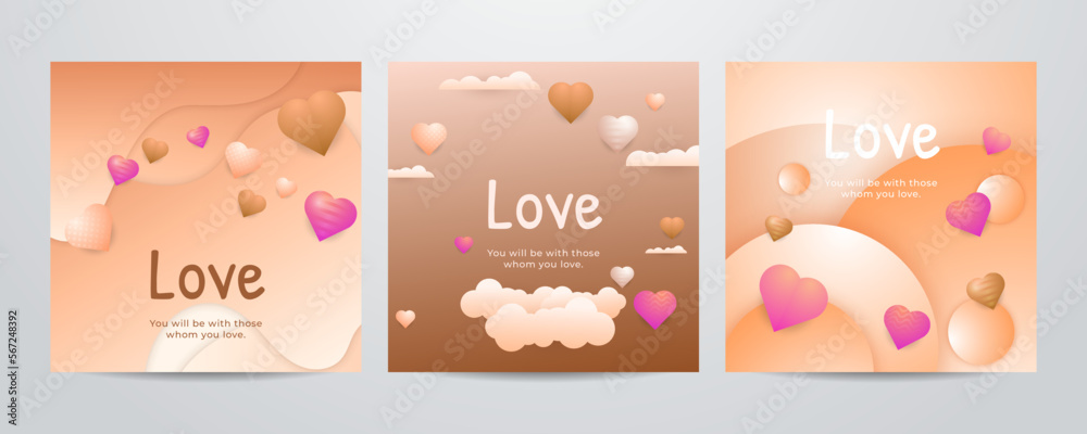 Valentine day square poster template. Vector illustration. Paper hearts, clouds, flying hot air balloon in romantic background. Cute love sale banner, voucher template, greeting card. Place for text.