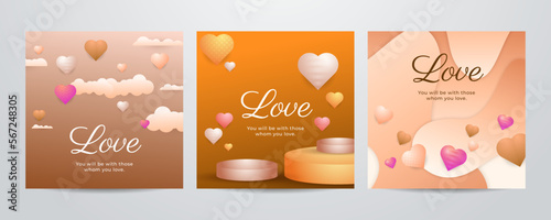 Valentine day square poster template. Vector illustration. Paper hearts, clouds, flying hot air balloon in romantic background. Cute love sale banner, voucher template, greeting card. Place for text.