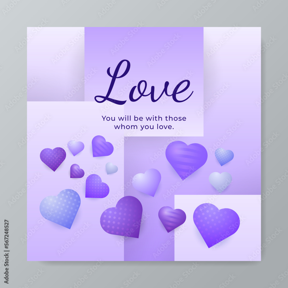 Happy valentine day background with various purple love hearts balloon. Flat lay style greeting composition.