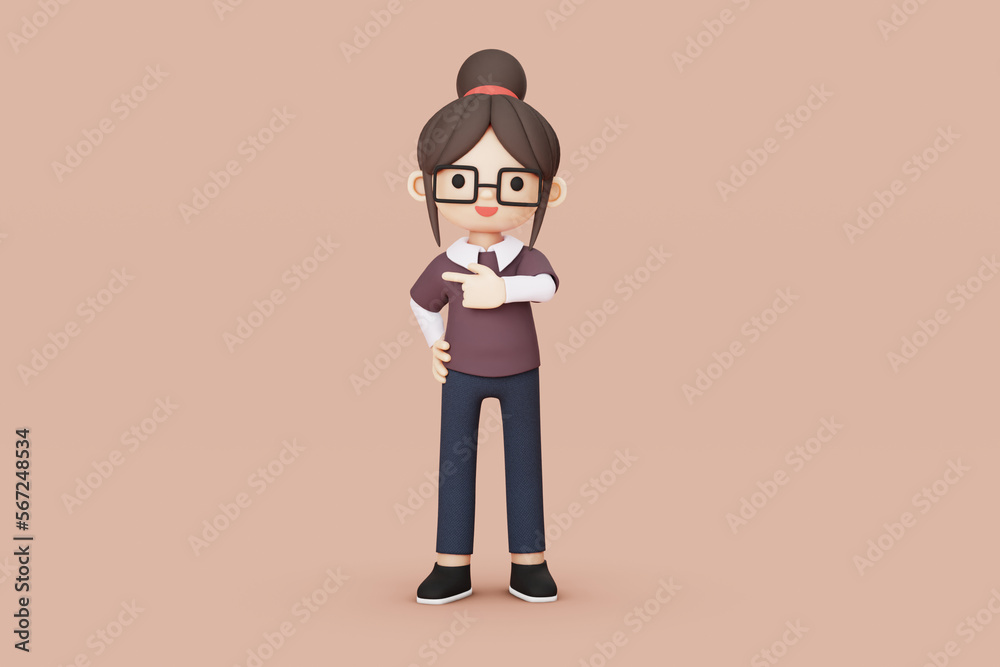 girl character with glasses pointing 3d illustration
