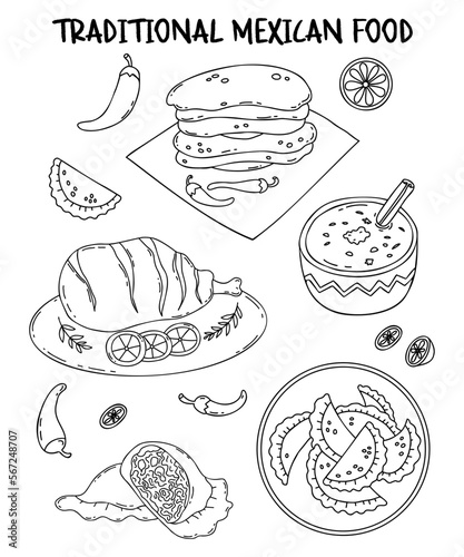 Collection Latin American traditional dishes. Mexican food Empanadas, corn tortillas, grilled meat and rice pudding with cinnamon stick. Isolated vector linear hand drawings doodles.